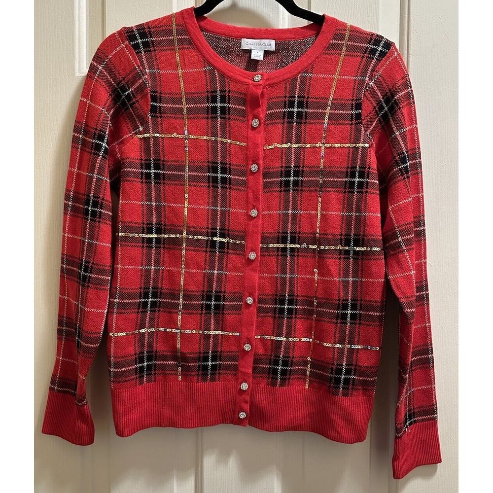 Charter Club Women's Plaid Sequined Cardigan Long Sleeve Buttons Red Size S Xmas